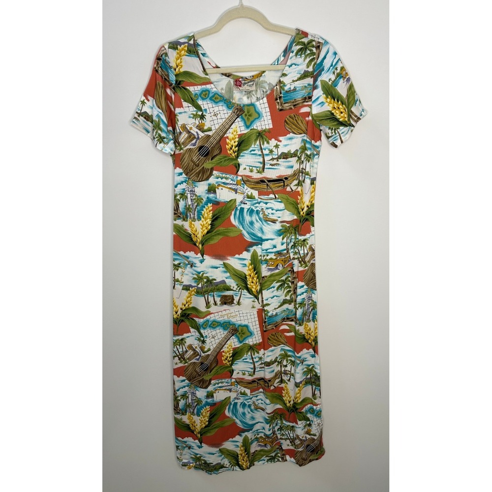 Hilo Hattie Hawaiian Tropical Beach Aloha Scenic Rayon Midi Dress Small Floral - Picture 2 of 12